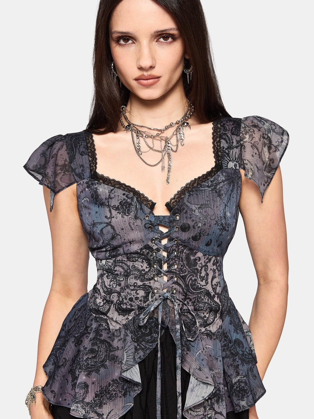 Disturbia Gaia Celestial Print Chiffon Lace Up Blouse